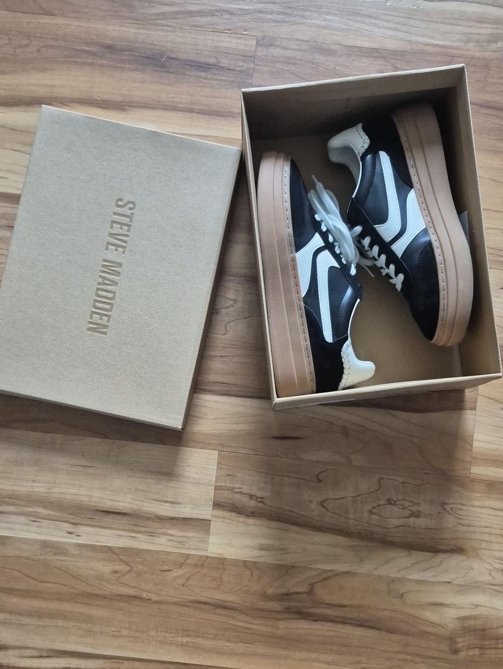 Steve Madden Black and White Platform Sneakers with Gum Sole